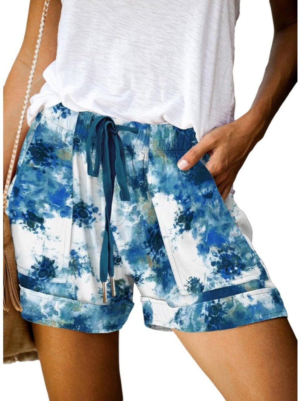 〽️Women's Casual Shorts Blue White Drawstring Waist Lightweight with Pockets